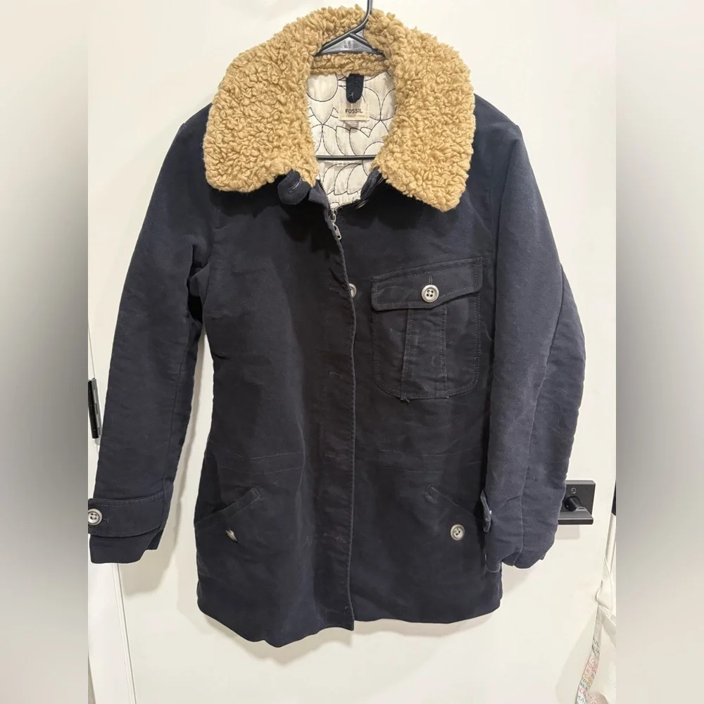 Fossil Womens Navy Sherpa Collar Lined Jacket Pockets Size S Vintage Y2K
